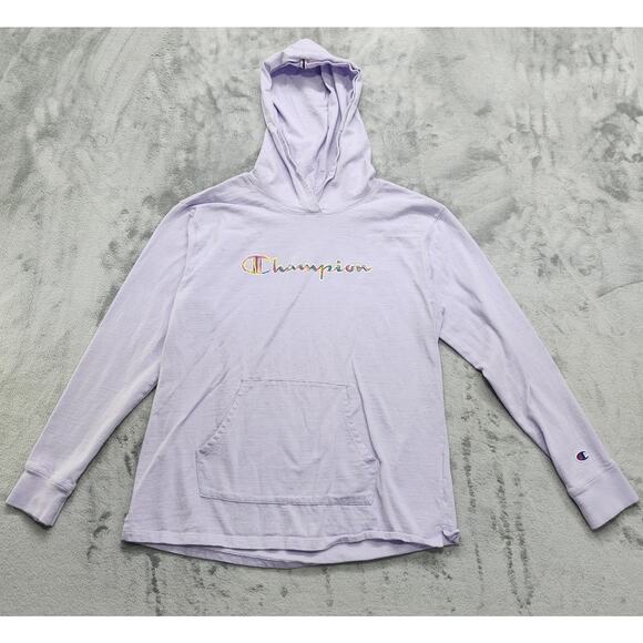 Champion Hoodie Womens M Purple Heavyweight Jersey Pullover Colorful Logo Pocket - Picture 1 of 10